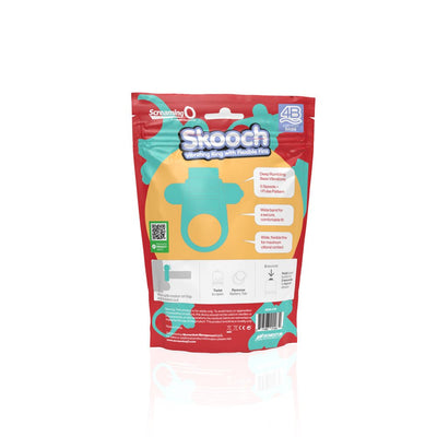 Packaging of 4B Skooch vibrating ring with flexible fins showing product features and usage instructions on a red and teal pouch.