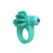 Turquoise vibrating cock ring with fin-like extensions and bullet vibrator, made of flexible silicone and ABS plastic.