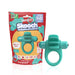 Teal 4B Skooch vibrating ring with flexible fins shown next to its colorful compostable packaging labeled kiwi color.