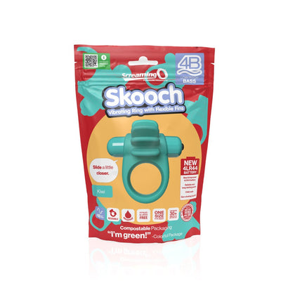 Packaging of 4B Skooch vibrating ring with flexible fins in kiwi color, highlighting reusable, waterproof, and compostable features.