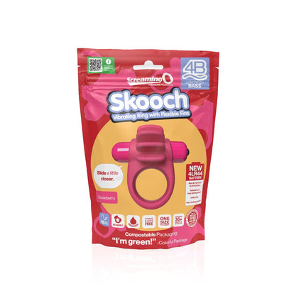 Packaging of 4B Skooch vibrating ring with flexible fins in strawberry color, highlighting reusable, waterproof, and one-size features.