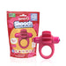 Pink 4B Skooch vibrating ring with flexible fins shown next to its red and yellow compostable packaging.