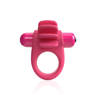 Pink vibrating cock ring with textured fins and removable bullet vibrator, made of flexible silicone.