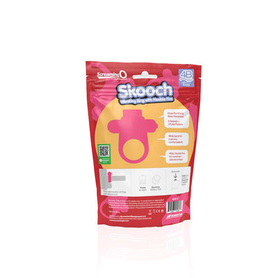 Packaging of 4B Skooch vibrating ring with flexible fins showing product features and usage instructions on a red and yellow pouch.