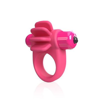 Pink vibrating silicone cock ring with fin-like extensions and a bullet vibrator on a white background.