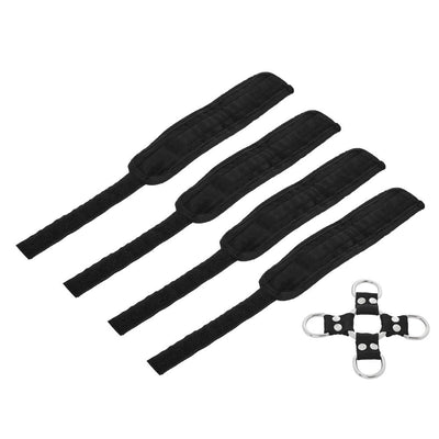 Set of four black adjustable cuffs with Velcro straps and a metal O-ring connector for secure restraint.