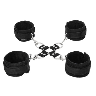 Black adjustable hog tie set with four padded cuffs connected by metal O-ring and clips on white background.
