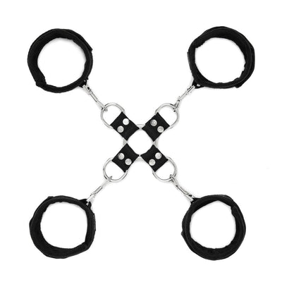 Black adjustable soft cuffs connected by metal rings in a 5-piece hog tie bondage restraint set.