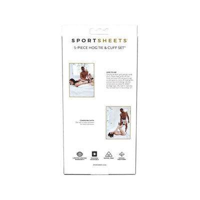 Back packaging of Sportsheets 5 Piece Hog Tie and Cuff Set with usage instructions and product features.