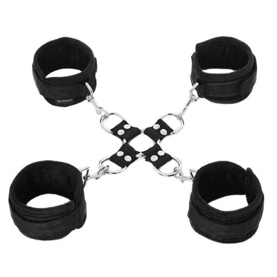 Black adjustable hog tie set with four soft cuffs connected by metal rings and clips on a white background.