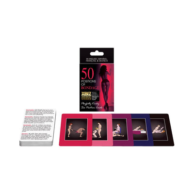 50 Positions of Bondage card game set with illustrated position cards and instruction deck in a black and pink box.