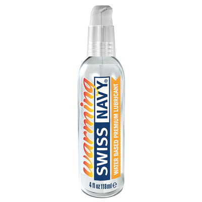 Clear pump bottle of Swiss Navy Warming water-based premium lubricant, 4 fl oz, with orange and blue label design.