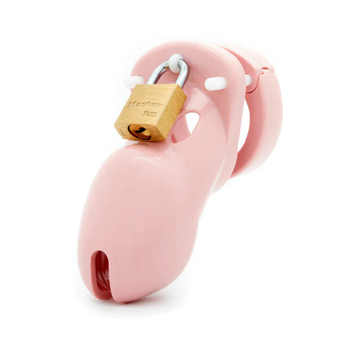 Pink male chastity device with a brass lock, made of smooth medical-grade polycarbonate material.