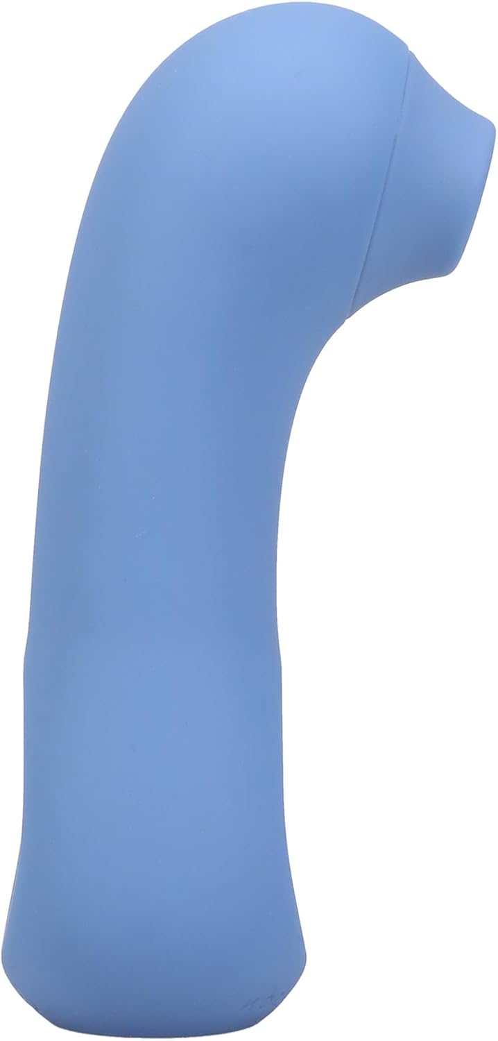 Blue rechargeable silicone suction toy with ergonomic curved design for targeted clitoral stimulation