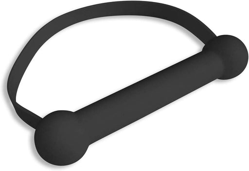 Black silicone bit gag with a smooth cylindrical mouthpiece and flexible adjustable strap.