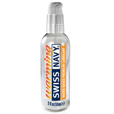 Clear pump bottle of Swiss Navy Warming water-based premium lubricant, 2 fl oz, with orange and navy label.