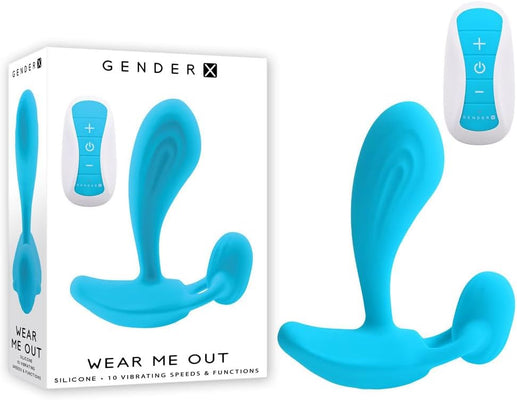 Blue silicone wearable with remote control and packaging for Gender X Wear Me Out rechargeable vibrator.