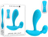Blue silicone wearable with remote control and packaging for Gender X Wear Me Out rechargeable vibrator.