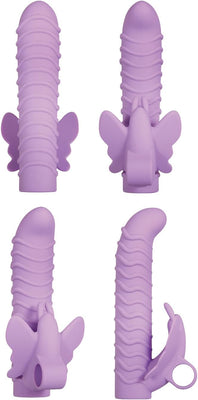 Four views of the purple Evolved Lilac Desires vibrator sleeve with textured ridges and butterfly-shaped clitoral stimulator.