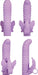 Four views of the purple Evolved Lilac Desires vibrator sleeve with textured ridges and butterfly-shaped clitoral stimulator.