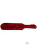 Red dual-sided paddle with soft fur surface and leather backing, featuring a comfortable handle grip.
