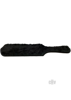 Black dual-sided paddle with soft fur covering one side and smooth leather on the other, featuring a comfortable handle.