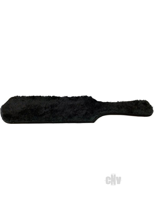 Black dual-sided paddle with soft fur covering one side and smooth leather on the other, featuring a comfortable handle.