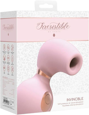 Packaging of Shots Irresistible Invincible clitoral vibrator in soft pink with rose gold accents and product features listed.