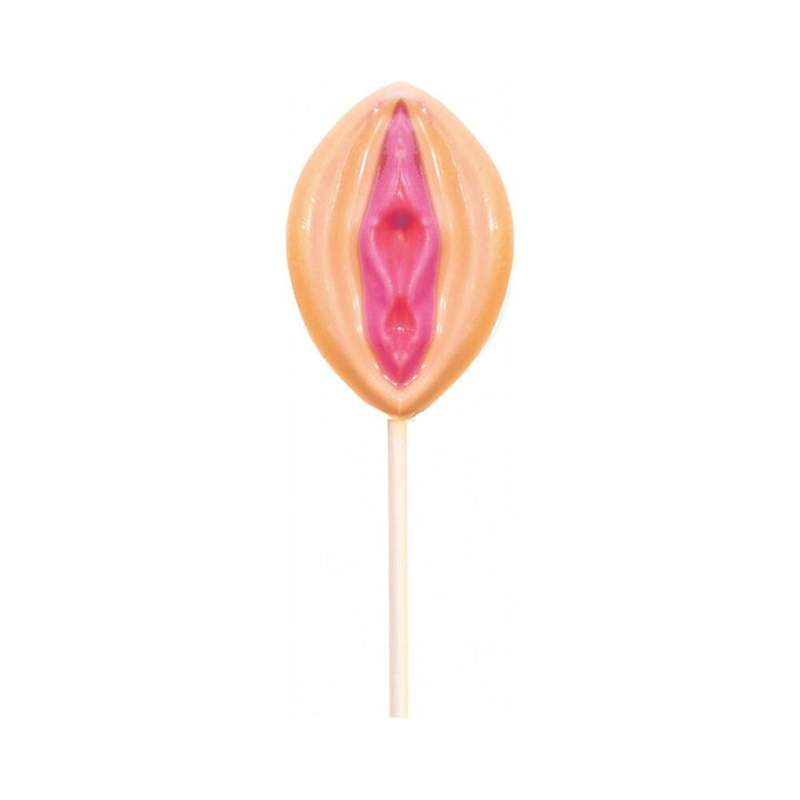 Strawberry-flavored lollipop shaped like a stylized female anatomy on a white stick against a white background.