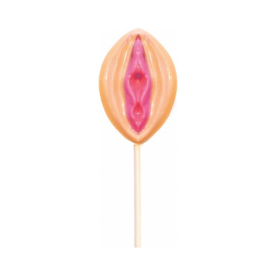 Strawberry-flavored lollipop shaped like a stylized female anatomy on a white stick against a white background.