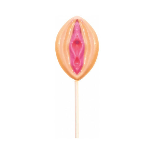 Strawberry-flavored lollipop shaped like a stylized female anatomy on a white stick against a white background.