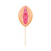 Strawberry-flavored lollipop shaped like a stylized female anatomy on a white stick against a white background.