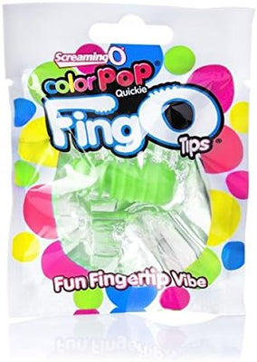 Color Pop Fing O Tip finger vibrator in green with colorful packaging for discreet, portable stimulation.