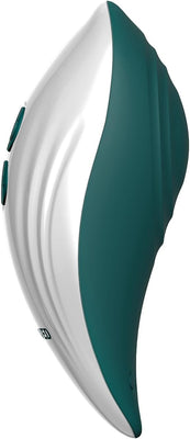 Evolved Palm Pleasure vibrator in teal and white with ergonomic curved design and two-button controls.