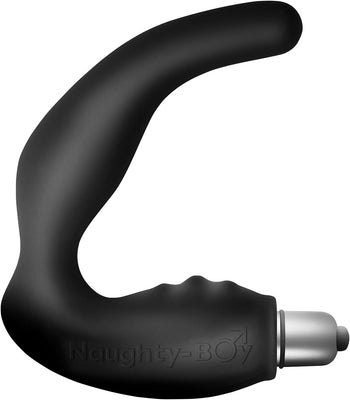 Black curved prostate and perineum stimulator with textured grip and removable silver bullet vibrator.