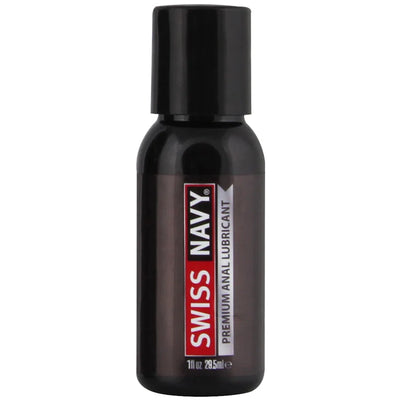 Black 1 fl oz bottle of Swiss Navy premium silicone anal lubricant with red and white label.