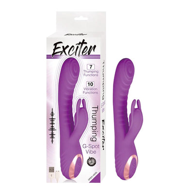 Purple silicone Exciter Thumping G-Spot vibrator with dual stimulation and ergonomic design shown with packaging.