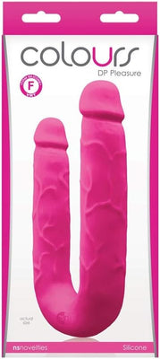 Pink double-ended silicone pleasure toy with realistic texture in retail packaging from Colours DP Pleasures.