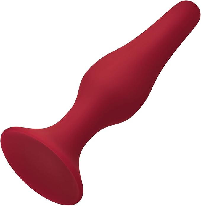 Smooth red silicone tapered anal plug with narrow tip and flared base for comfortable, safe wear.