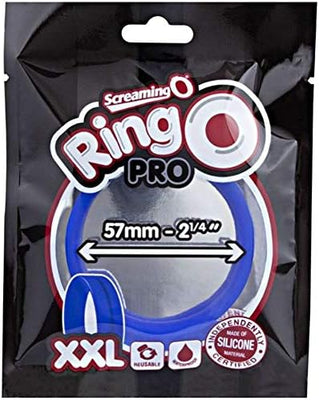 Screaming O Ringo Pro XXL blue silicone ring in retail packaging with size and certification details.
