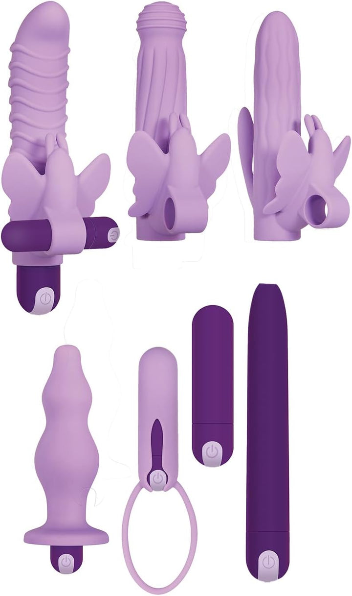 Seven-piece purple vibrator set with textured sleeves, butterfly clitoral stimulator, vibrating bullet, and anal plug.