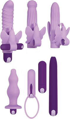 Seven-piece purple vibrator set with textured sleeves, butterfly clitoral stimulator, vibrating bullet, and anal plug.