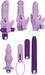 Seven-piece purple vibrator set with textured sleeves, butterfly clitoral stimulator, vibrating bullet, and anal plug.