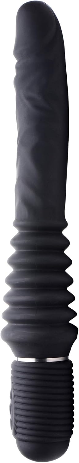 Black vibrating and thrusting dildo with textured shaft and ergonomic ribbed handle with control buttons.