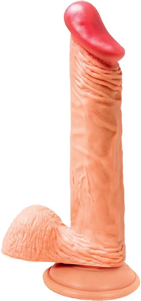 Realistic flesh-colored dildo with pronounced head, textured shaft, full balls, and suction cup base for hands-free use.