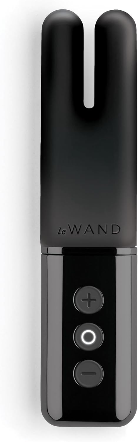 Sleek black Le Wand Deux mini vibrator with dual prongs and three control buttons on glossy base.