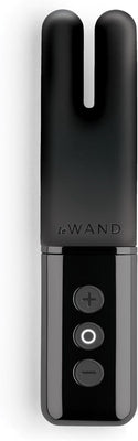 Sleek black Le Wand Deux mini vibrator with dual prongs and three control buttons on glossy base.