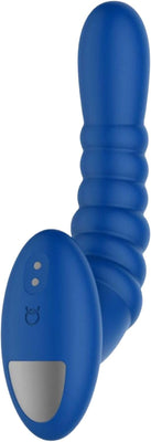 Blue ribbed silicone vibrating massager with ergonomic curved design and magnetic charging port.
