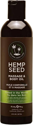 Bottle of Earthly Body Hemp Seed Massage and Body Oil in Naked in the Woods scent, 8 oz with natural oils blend.