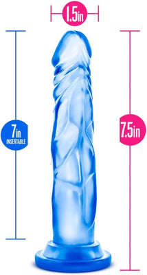 Blue translucent realistic dildo with suction base, 7.5 inches long and 1.5 inches wide, showing insertable length of 7 inches.
